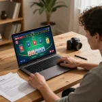 Engaging in strategic blackjack gameplay on KK55 online casino at a cozy home office setup.