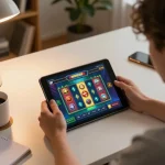 Engaging user enjoying a NOHU slot game on tablet in a cozy home setting.