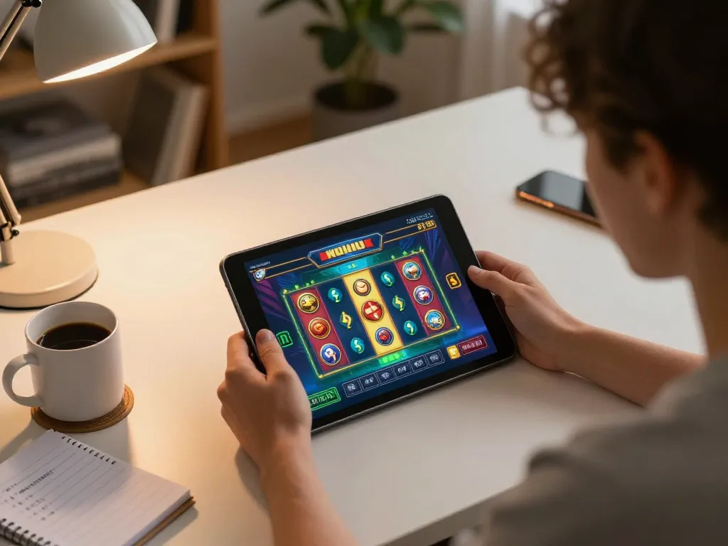 Engaging user enjoying a NOHU slot game on tablet in a cozy home setting.