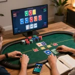 Players engaging in an online poker game at 789win1 with colorful chips and cards visible on computer screen.