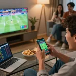 Betting excitement at home with 789WIN smartphone interface amidst friends watching a live sports event.
