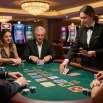 Players enjoying an intense blackjack game at 8day casino with vibrant atmosphere and engaging dealer