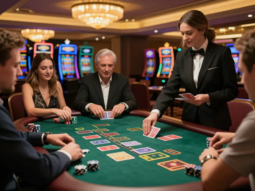 Players enjoying an intense blackjack game at 8day casino with vibrant atmosphere and engaging dealer