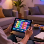 Engaged player enjoying nohu on tablet, colorful game interface and cozy home atmosphere.