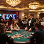Players enjoying live gameplay at MM88 casino, engaging at roulette and blackjack tables under warm casino lights.