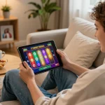 Player actively engaged in U888 online slots from home, showcasing excitement during gaming session.