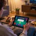 SV66 players enjoying a lively poker game on a tablet in a cozy home setting