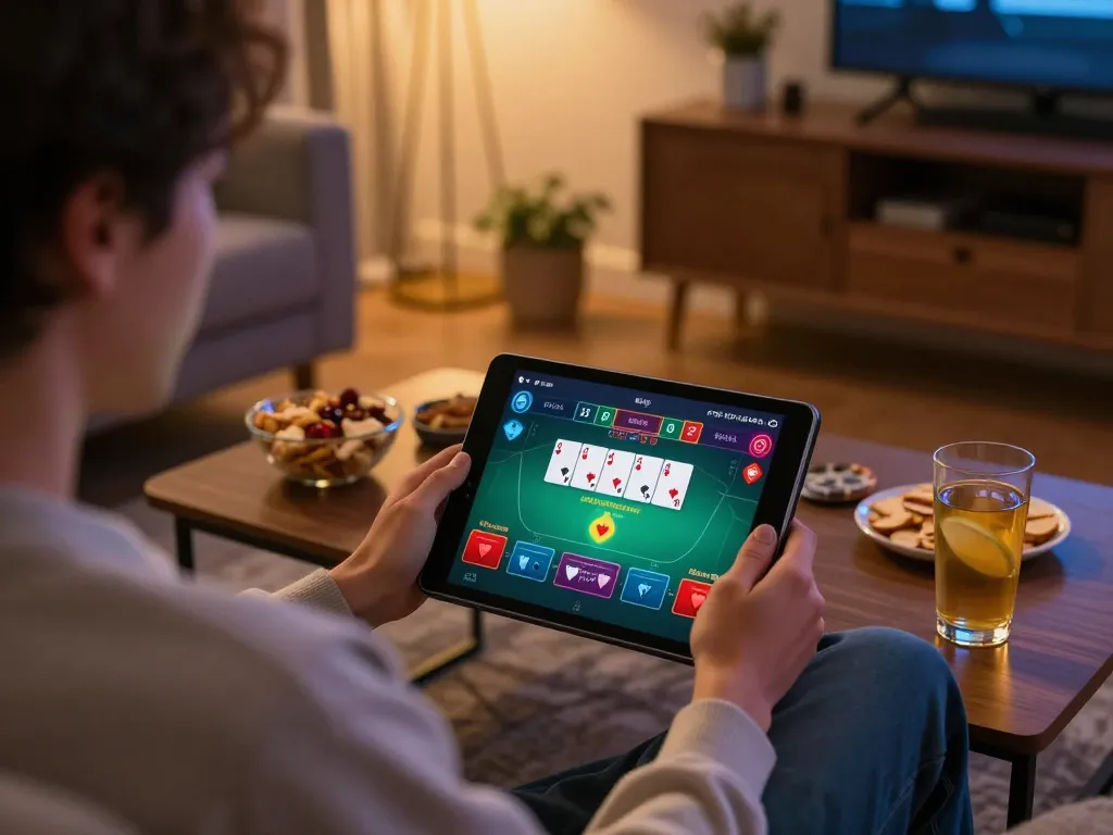 SV66 players enjoying a lively poker game on a tablet in a cozy home setting