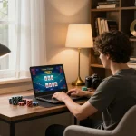 Player engaging in intense LV88 online poker game, showing focused screen and cozy home setup.