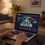 Player enjoying GK88 link vào on laptop, engaged in live casino gaming at home