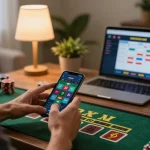 Player engaged in online gambling on n188 app, deliberating blackjack strategy in a cozy home setting