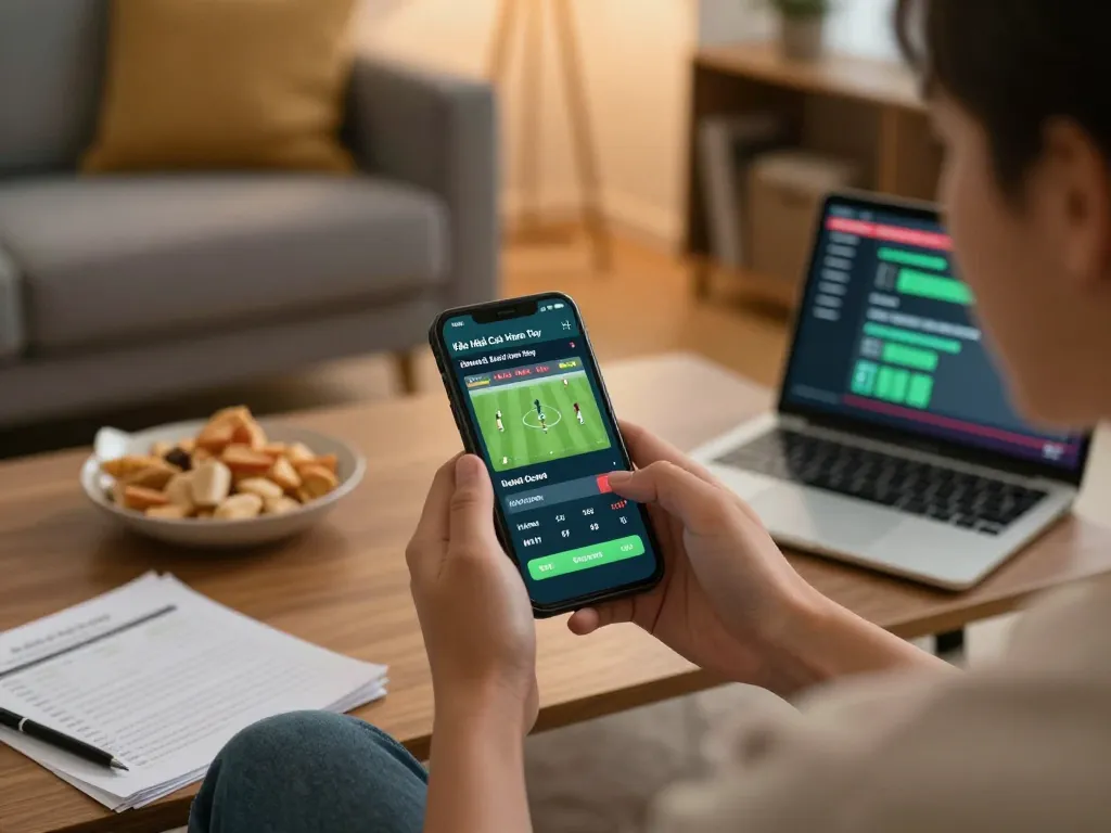 Kèo Nhà Cái Hôm Nay displayed on smartphone during a relaxing online sports betting session.