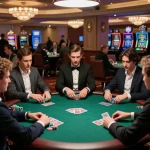 Go88 players engaged in an exciting poker game at an upscale casino, showcasing strategic gameplay and concentration.