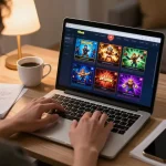 Player engaging with 9bets betting interface on laptop, surrounded by strategy notes and coffee, showcasing a cozy gaming setup