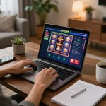 Engaged player explores fabet slot games on a laptop, showcasing vibrant gaming interface and cozy environment