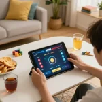 Engaging at-home gaming experience with SC88 app on tablet, snacks nearby, highlighting responsible gambling.