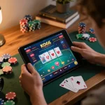 Engaging with KO66 casino games on a tablet in a cozy home office environment.
