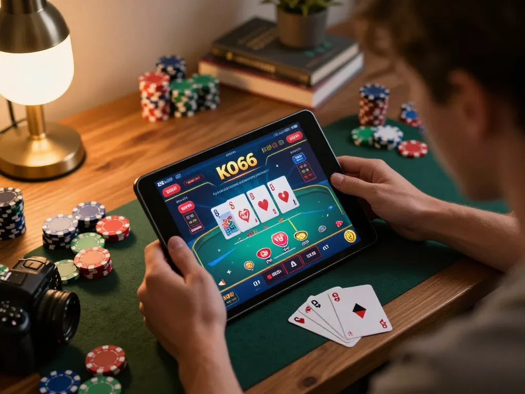 Engaging with KO66 casino games on a tablet in a cozy home office environment.