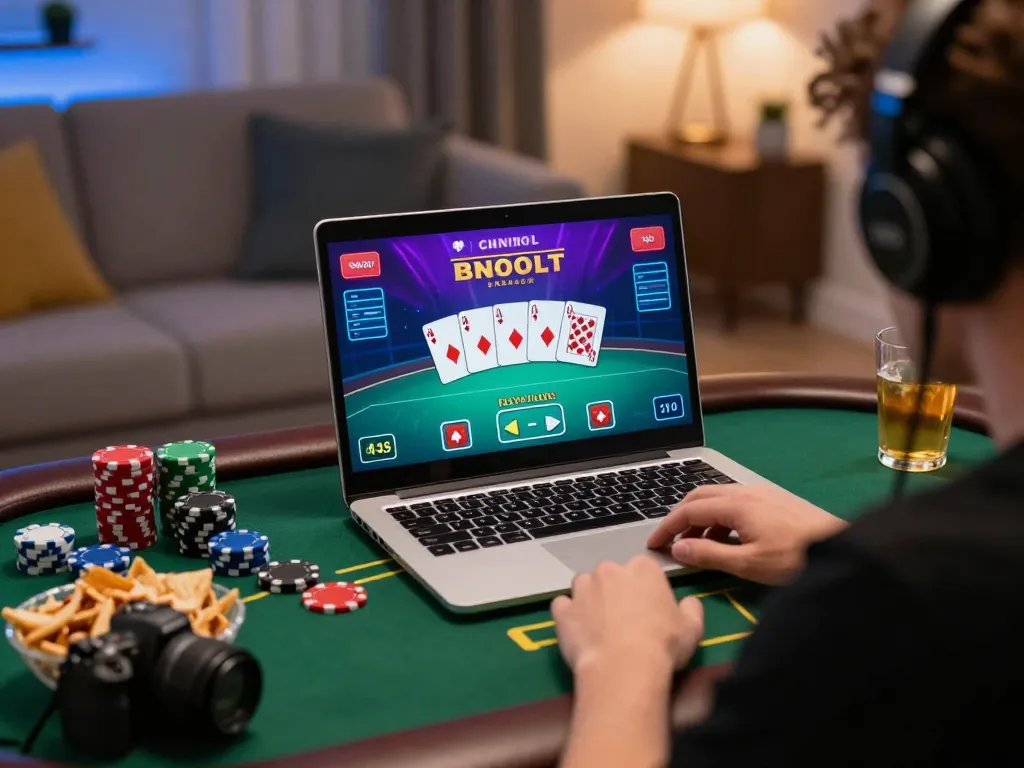 Player engages in strategic gameplay of 9win online poker at home, showcasing vibrant graphics and snacks.