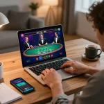 Engaging in responsible online blackjack play at nhà cái sc88, focusing on strategy and gameplay in a modern home setting.