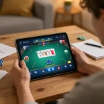 Player enjoying a poker game on UU88 platform, showcasing strategic gameplay and a cozy home setup.