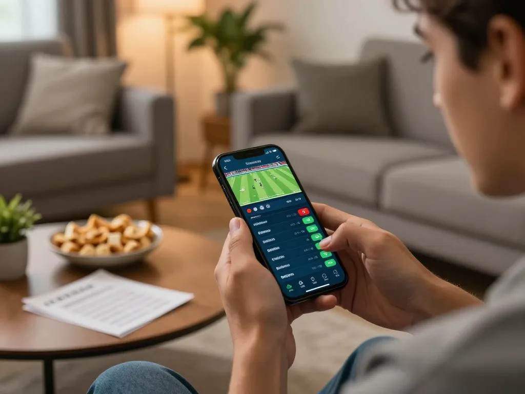 Placing kèo nhà cái bets on a smartphone app with football match statistics in view.