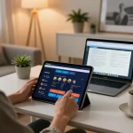 Player strategizing with NOHU90 app on a tablet, showcasing a cozy online gaming setup