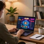 Player engaged in online casino gameplay at ALO8, showcasing a vibrant interface and cozy setting.