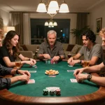 Engaging poker game night showcasing MEGA888 strategies with friends, emphasizing fun social atmosphere.