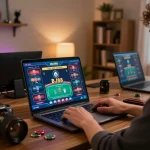 Bettor enjoying online gaming at BJ88 with vibrant interfaces and a cozy home setup.