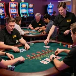 tg88 players engaging intensely at blackjack tables in an upscale casino atmosphere