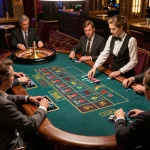 S666 players placing bets at a lively roulette table in an upscale casino atmosphere