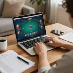 Tài Xỉu player reviewing strategy notes while gaming online in a cozy setting