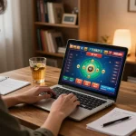 Engaging in online tài xỉu MD5 gameplay, with notes and drink beside the laptop, creating a cozy atmosphere.