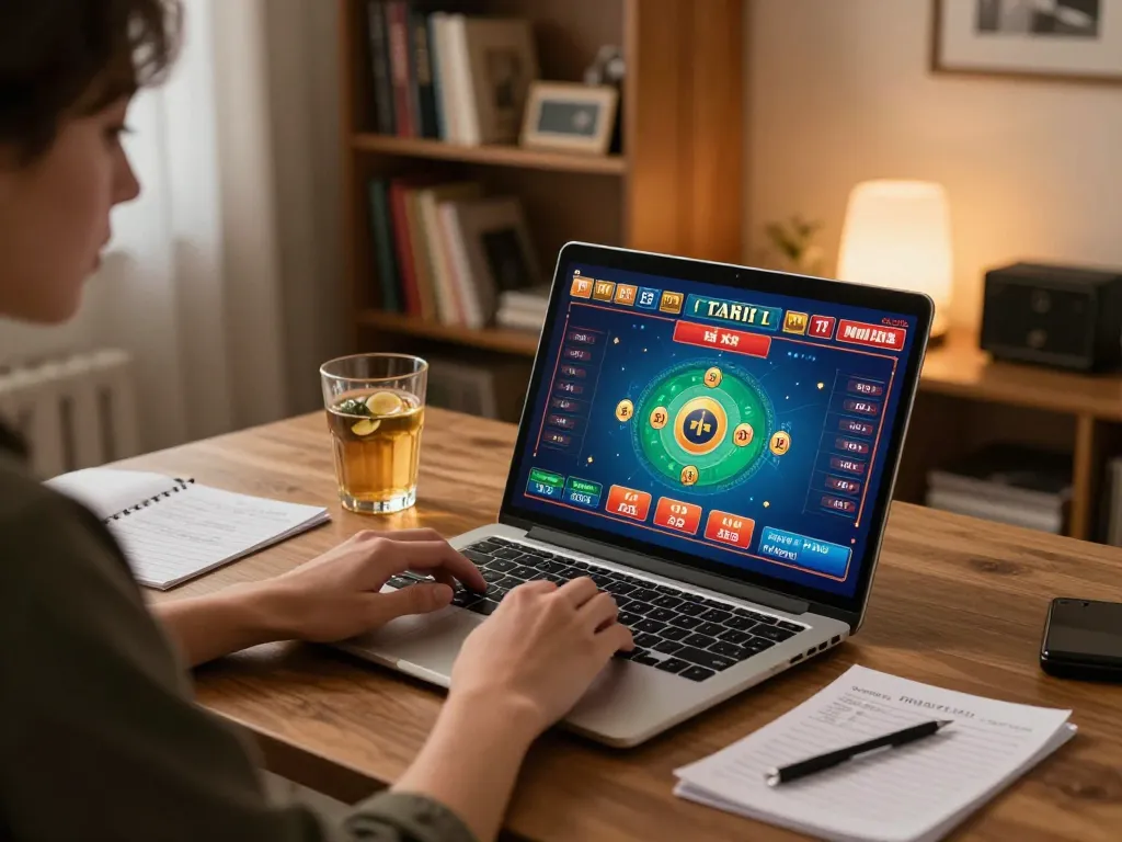 Engaging in online tài xỉu MD5 gameplay, with notes and drink beside the laptop, creating a cozy atmosphere.