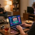 IWINCLUB player engaged in online gaming on a laptop in a cozy home setting