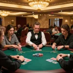 Players strategizing in poker game at casino, focusing on 5679 chips and cards for winning hand.