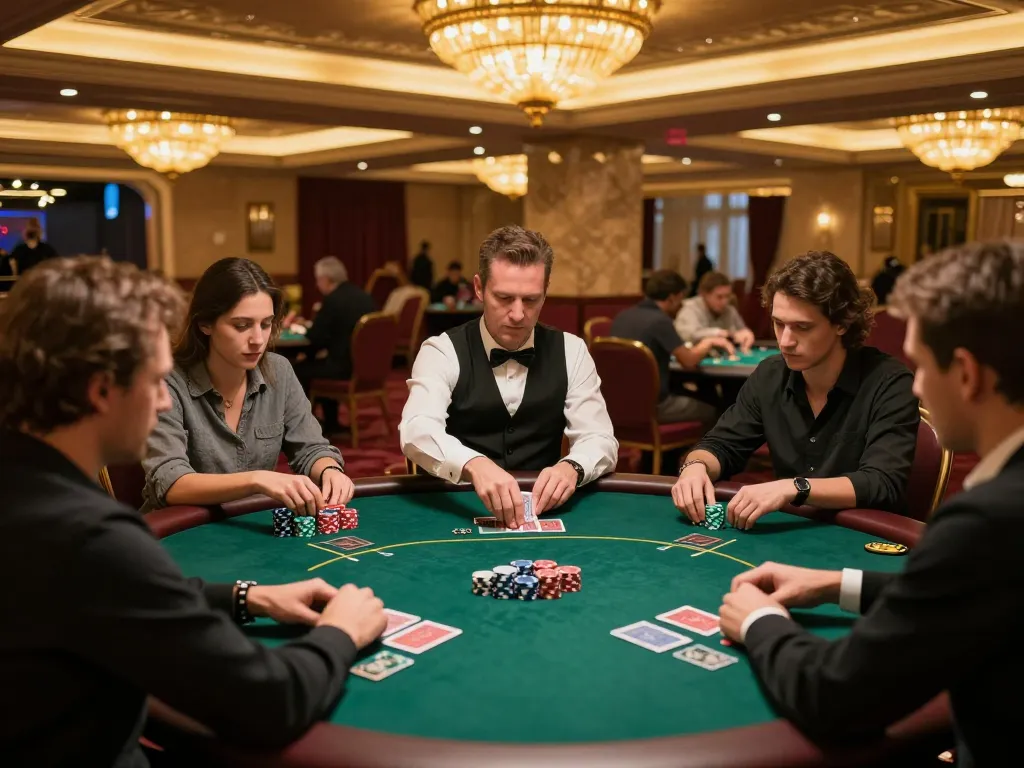 Players strategizing in poker game at casino, focusing on 5679 chips and cards for winning hand.