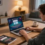 Player enjoying thrilling blackjack action on 888b laptop, showcasing engaging online gaming experience.