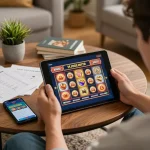 Player engaging with Jun88 online casino app on tablet in a cozy home setting.