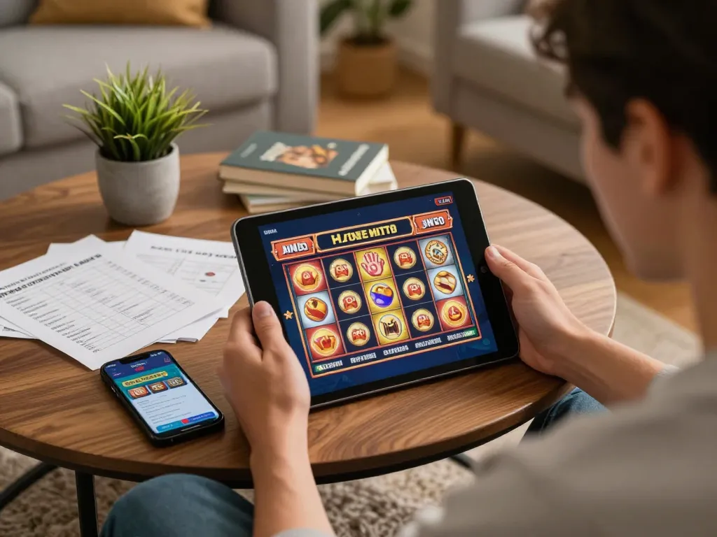 Player engaging with Jun88 online casino app on tablet in a cozy home setting.