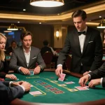 Players at O8 engage in strategic blackjack gameplay at an upscale table, revealing intense focus and excitement