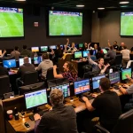 Sports betting excitement captured at nowgoal with fans cheering and live game updates