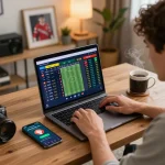 Engaged user placing sports bets through 1gom on laptop in a cozy home setting
