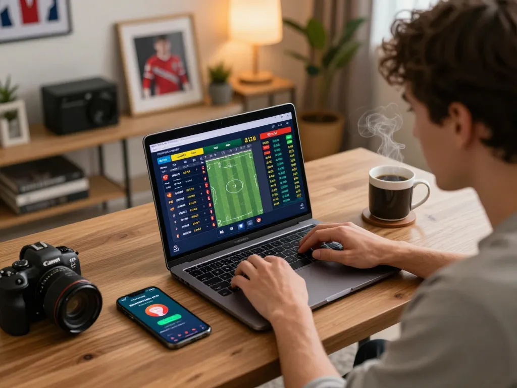Engaged user placing sports bets through 1gom on laptop in a cozy home setting