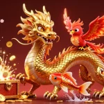 Win big with qq88's vibrant gaming scene featuring a golden dragon and koi fish.