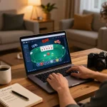 Playing poker on gg88 with strategies and chips organized in a home gaming setup