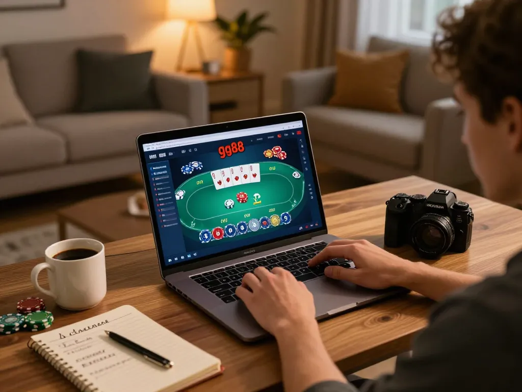 Playing poker on gg88 with strategies and chips organized in a home gaming setup