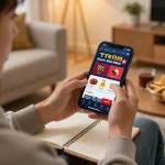 Player exploring tr88 app for online gambling in a cozy home living room
