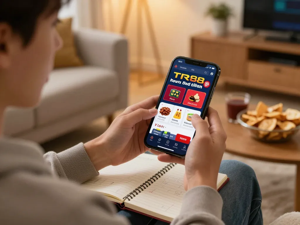 Player exploring tr88 app for online gambling in a cozy home living room